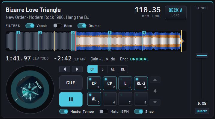 One deck: the Filters row with Vocals and Drums switched on, the track's waveform with cue points and a loop marked on it, the platter, cue pads and tempo fader.