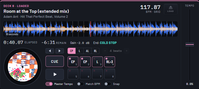 A deck whose waveform has been zoomed with the mouse wheel