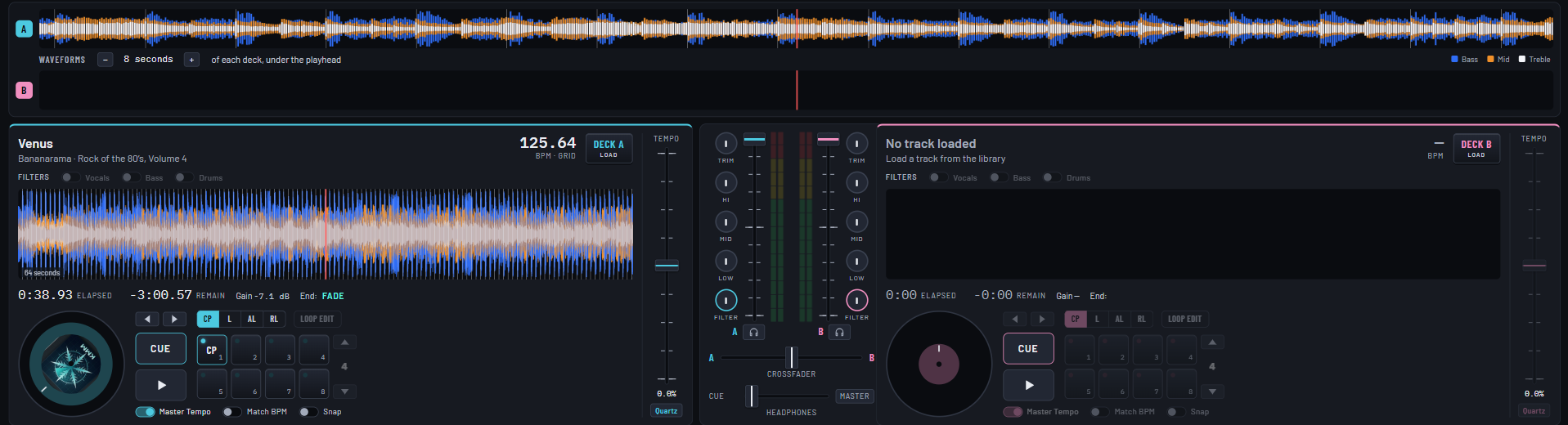 Two decks either side of the mixer, with the waveform strips above them