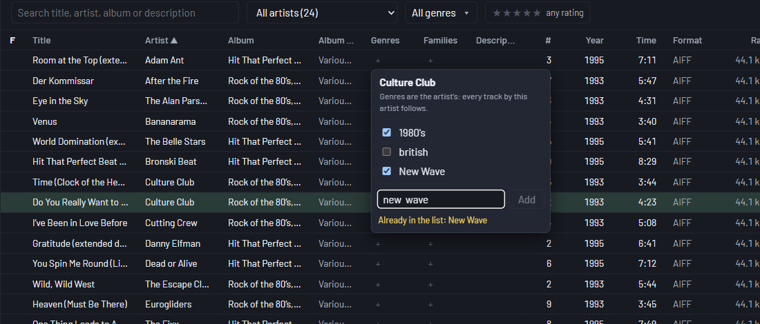 The library grid with its search box, artist and genre filters and columns