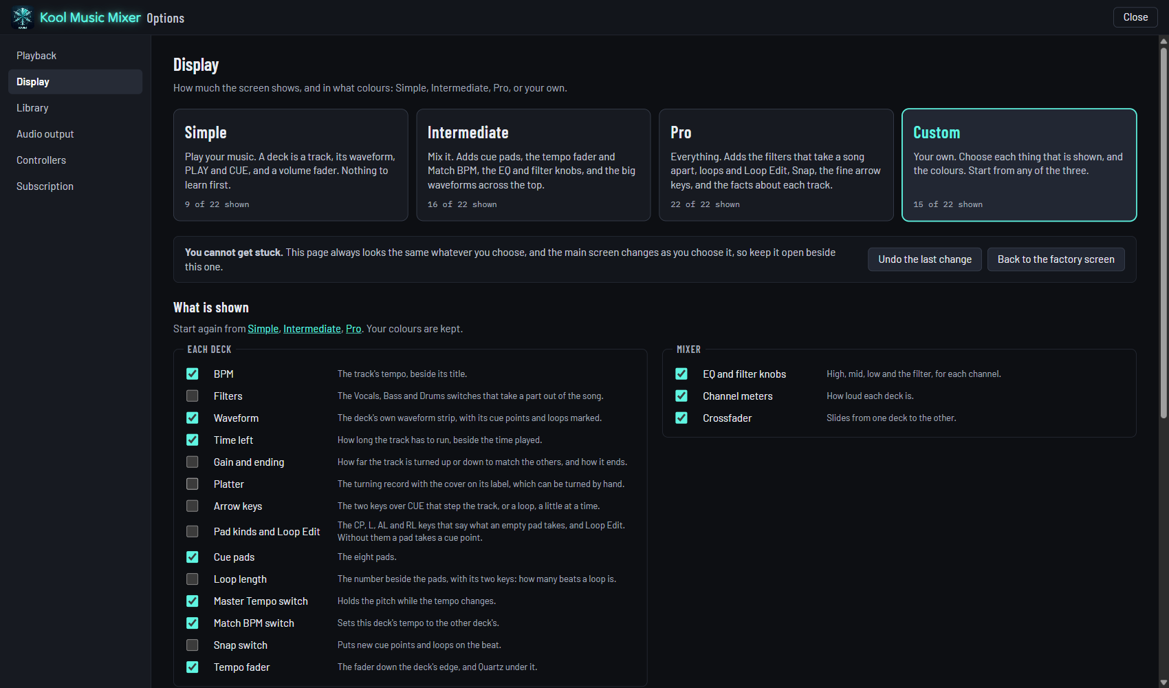 Options, Display, on Custom: the four levels and the parts that can be shown or hidden