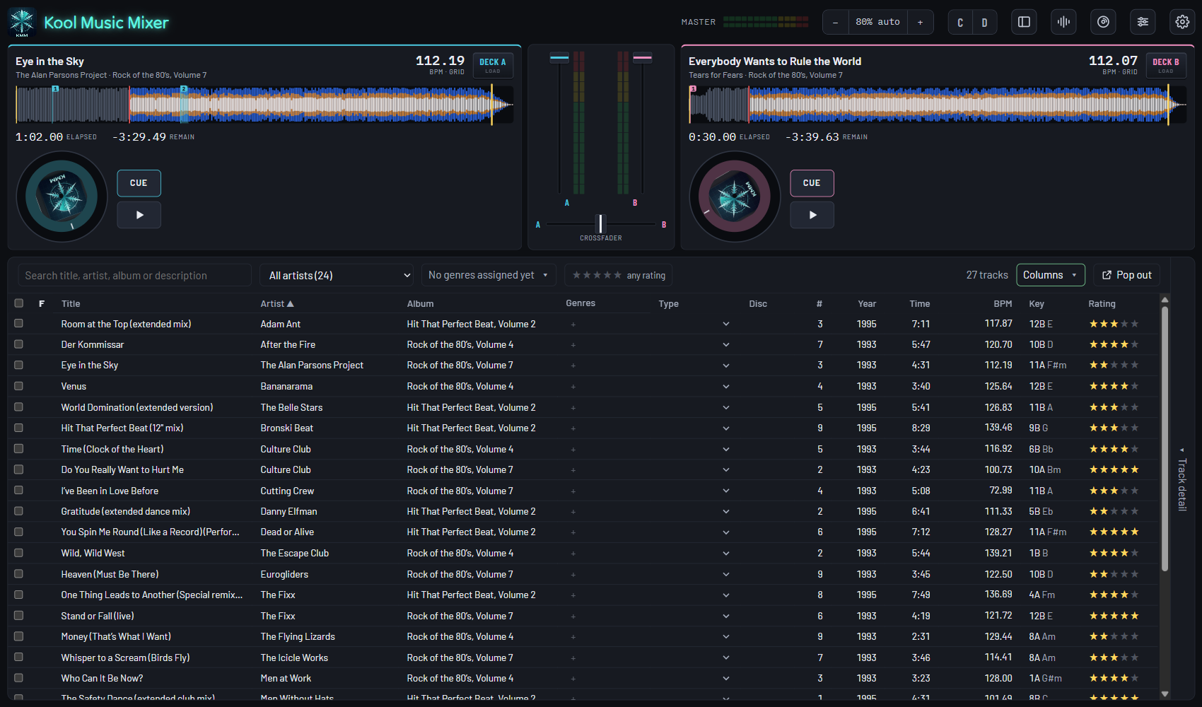 The main screen on Simple: each deck is a track, a waveform, the platter, PLAY and CUE